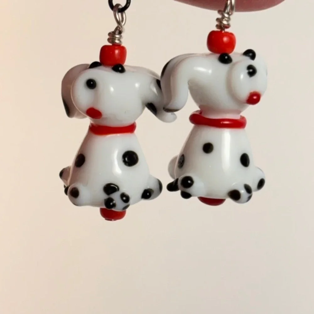 Handmade Dalmatian Dog Earrings White Art Glass Lampwork Whimsygoth Boho Chic